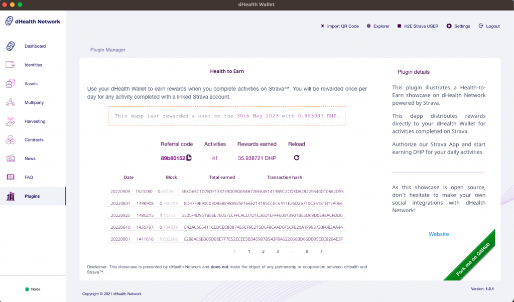 Health2Earn Dashboard operated on dHealth Network as a plugin in our Wallet Software.