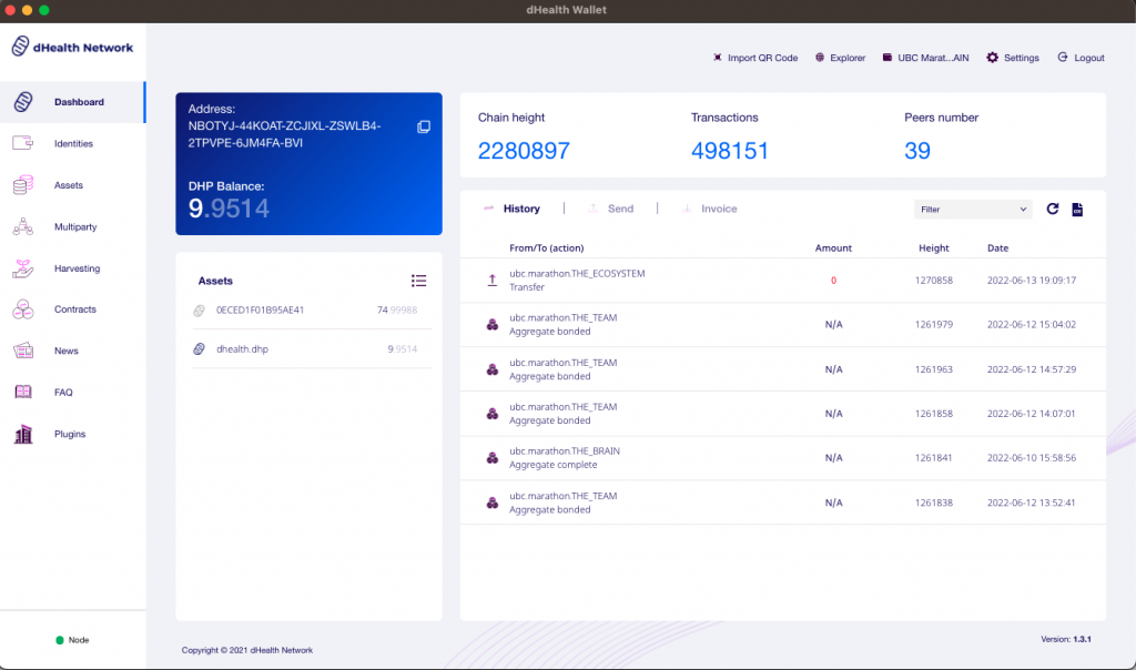 The dHealth Wallet software dashboard page where users can view their assets and transactions.