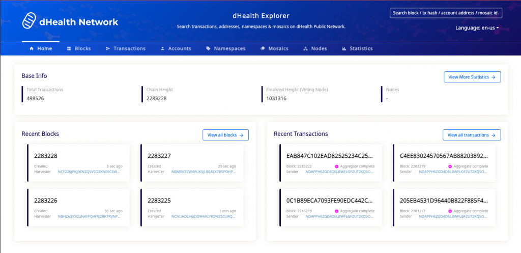 The dHealth Explorer real-time home page with live blocks and transactions panels.