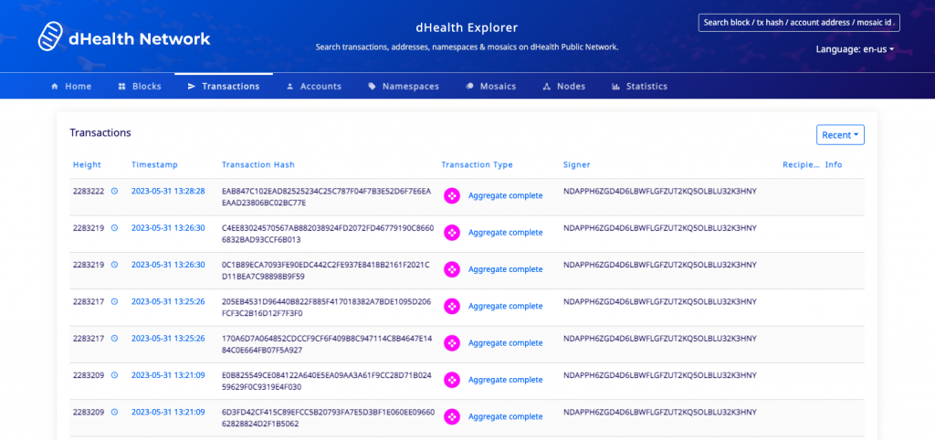 The dHealth Explorer real-time transactions lists, as an example listing page.