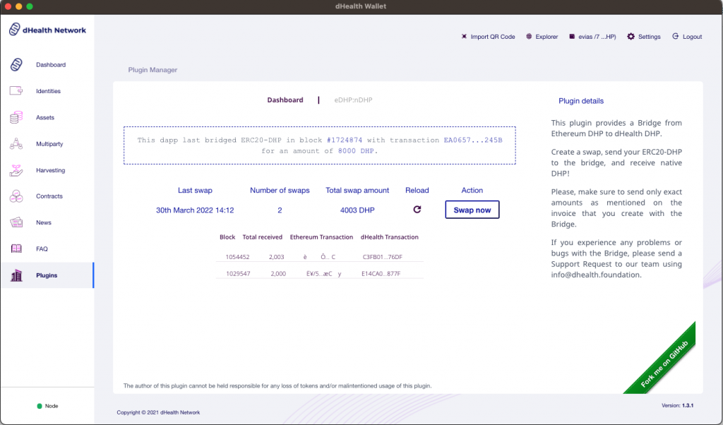Shows an example dashboard for the ERC20 Bridge with previous swap operated.