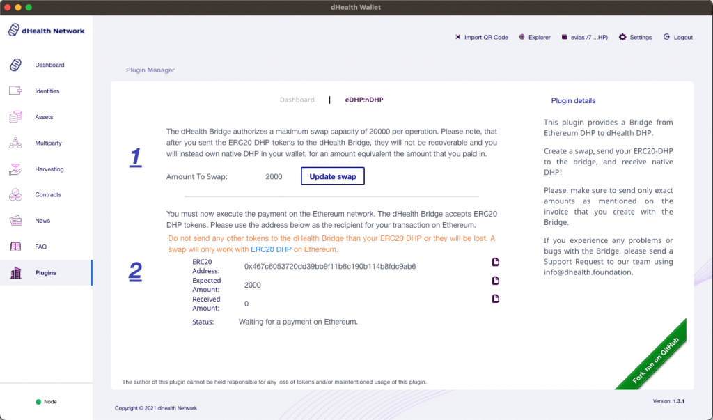 Shows an example dual-blockchain atomic swap, or cross-chain swap, between dHealth Network and Ethereum.