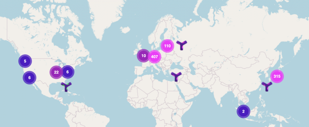 World map with pins representing the federation of nodes on the Symbol blockchain network.