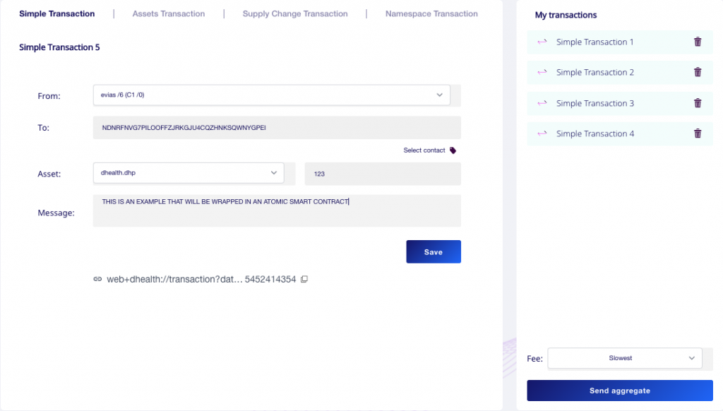 Shows an example atomic smart contract as created within dHealth Wallet, also compatible with Symbol.