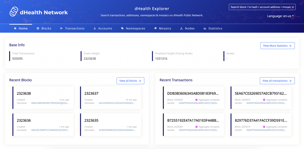 Shows the data of dHealth Network through our dHealth Explorer with base information and real-time blocks.