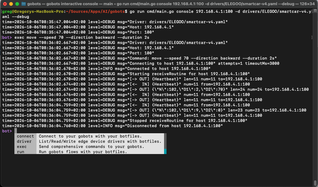 Image 1: Example of running the gobots interactive console to communicate with an edge device (ELEGOO SmartCar v4.0).
