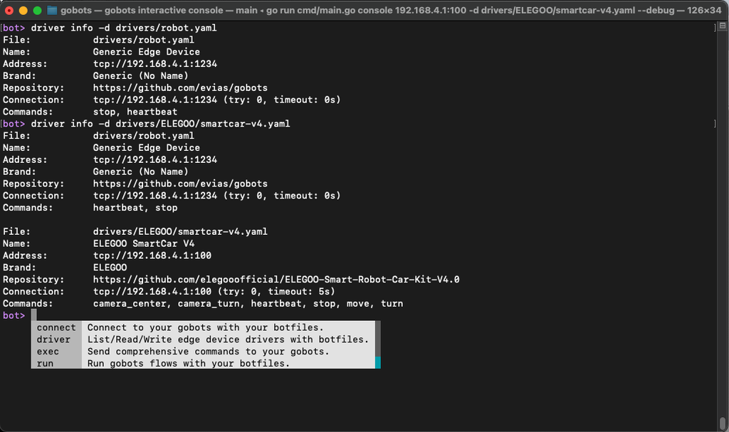 Image 2: Example of using the gobots driver commands for available edge devices.